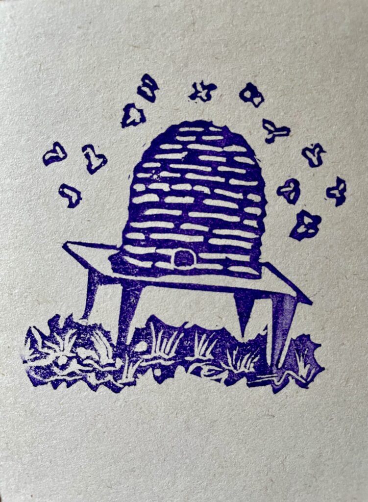 Impresión en linoelo de una colmena rústica